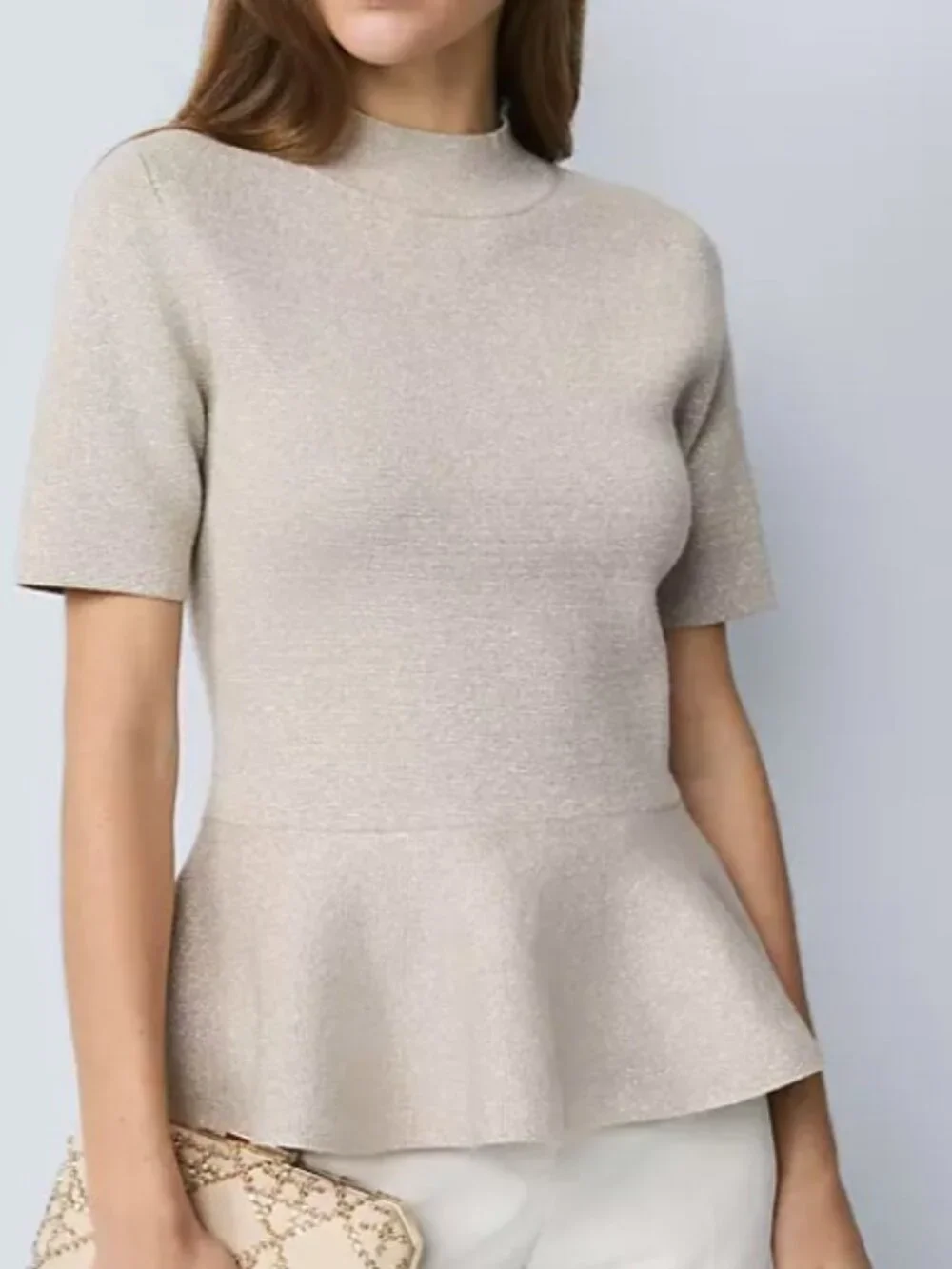 Ann Taylor Shimmery Cream Short Sleeve Peplum Top - Picture 1 of 4